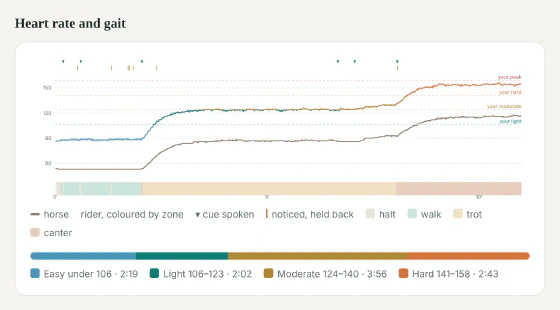 A sample chart of horse and rider heart rate across the ride, with gait bands underneath and marks where the coach spoke.
