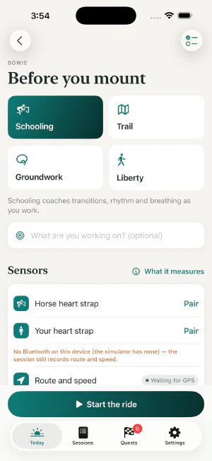 The session setup screen for Bowie, with Schooling, Trail, Groundwork and Liberty modes and the two heart straps.