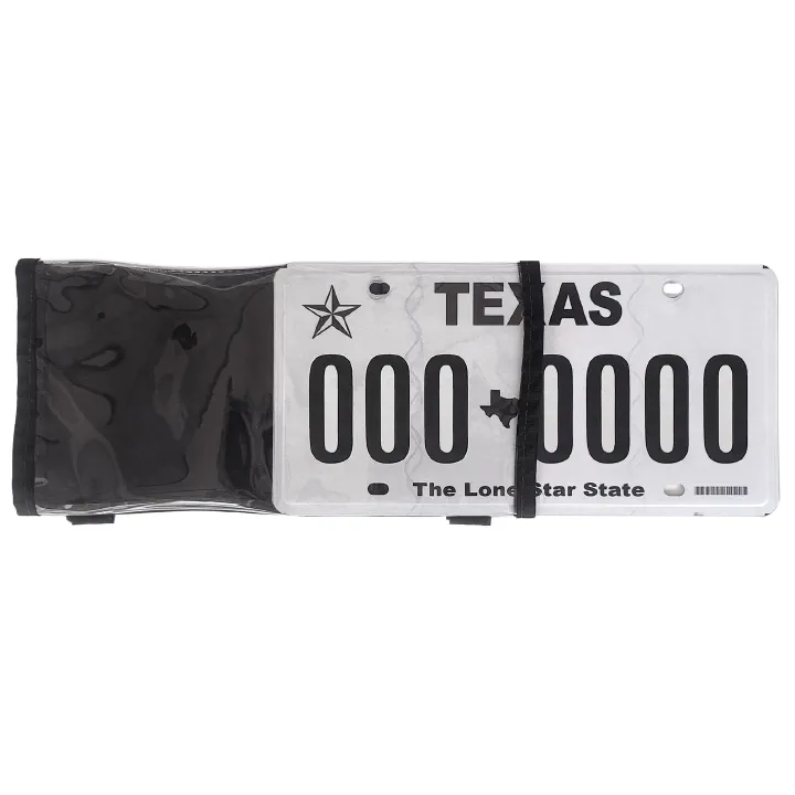 A license plate half slid into the sleeve.